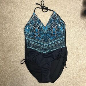 Turquoise and Black Halter One Piece Swimsuit
